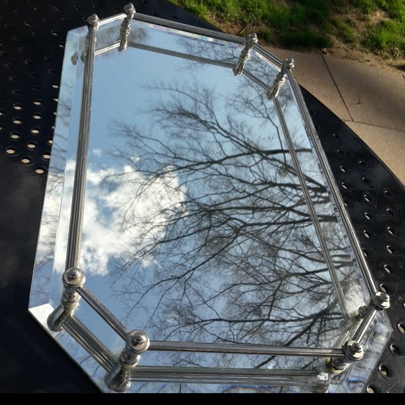 Vanity Mirror Vintage Trey Silver Handles Octagon Shape Mirrored Tray Art Deco - Picture 8 of 14